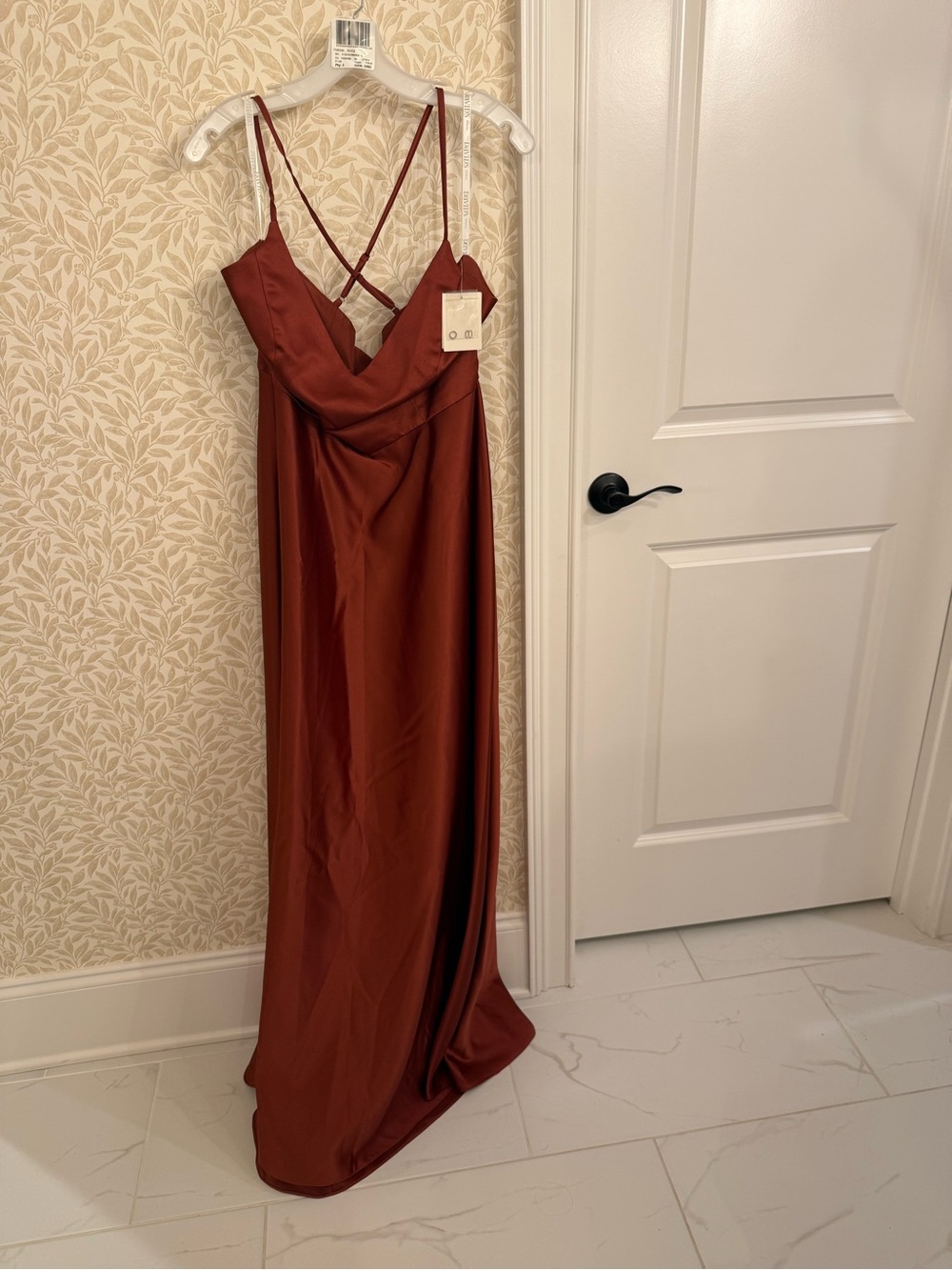 David's Bridal Satin Rust Evening Gown with Crisscross Straps